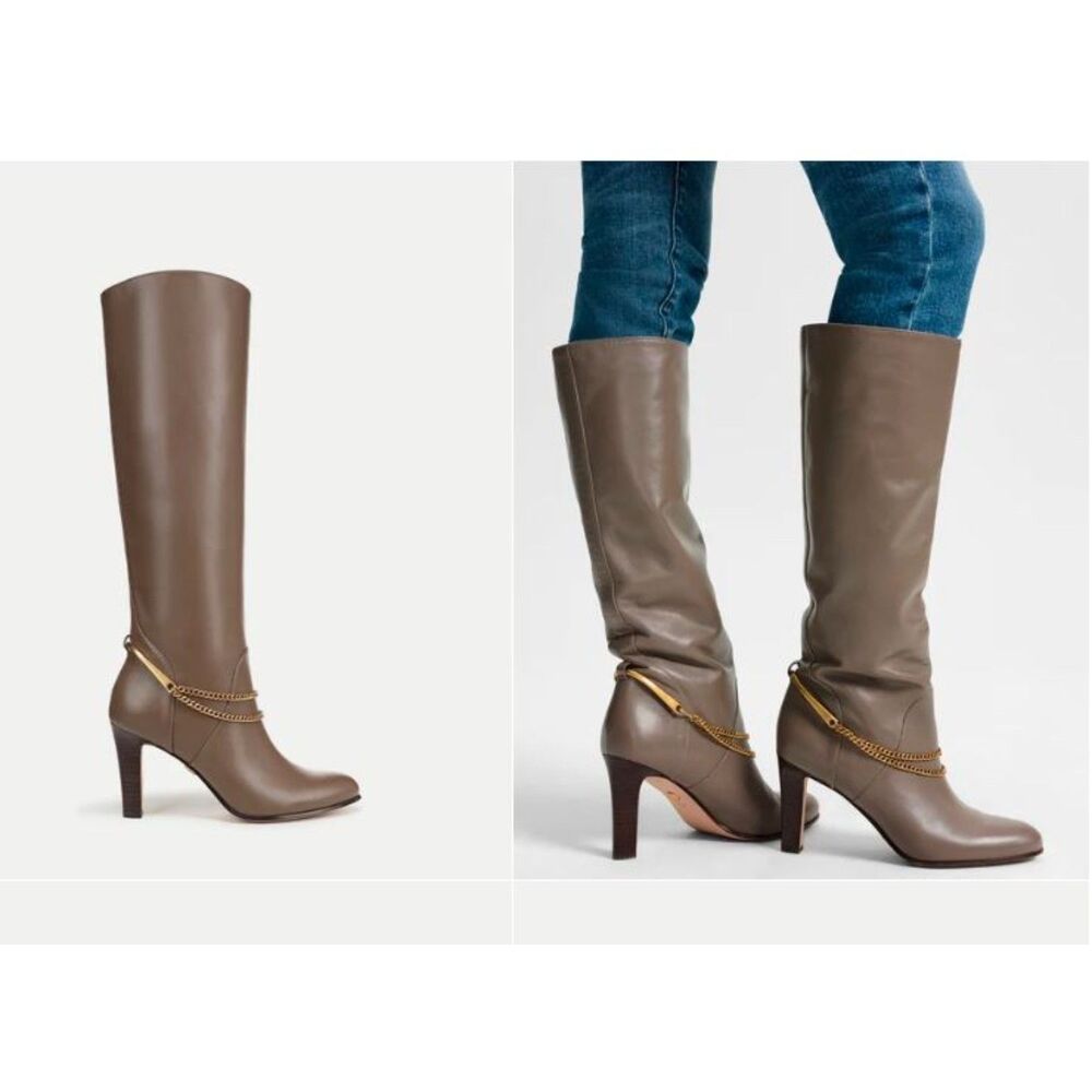 Veronica Beard Tarian Tall Chain Boot Leather Knee-High Boot NIB 850 7.5 Taupe
